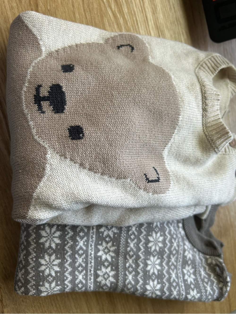 Kids Neutral Bear Knit Sweater & Fair Isle Sweater Bundle - Beige & Grey